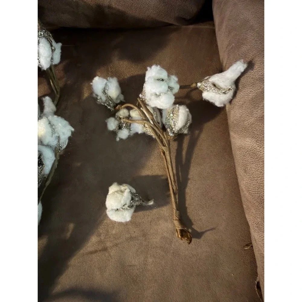 Blooming Holiday Cotton Boll Teardrop Stems Glitter Farmhouse Decor Set of 2 NWT